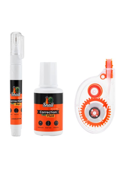 Snail Multipurpose Quick Dry Correction Set - Fade-Resistant Kit with Precision Correction Pen, Bottle, and Tape for Office, School, Writing, Error Fixing, Revision, and Crafting