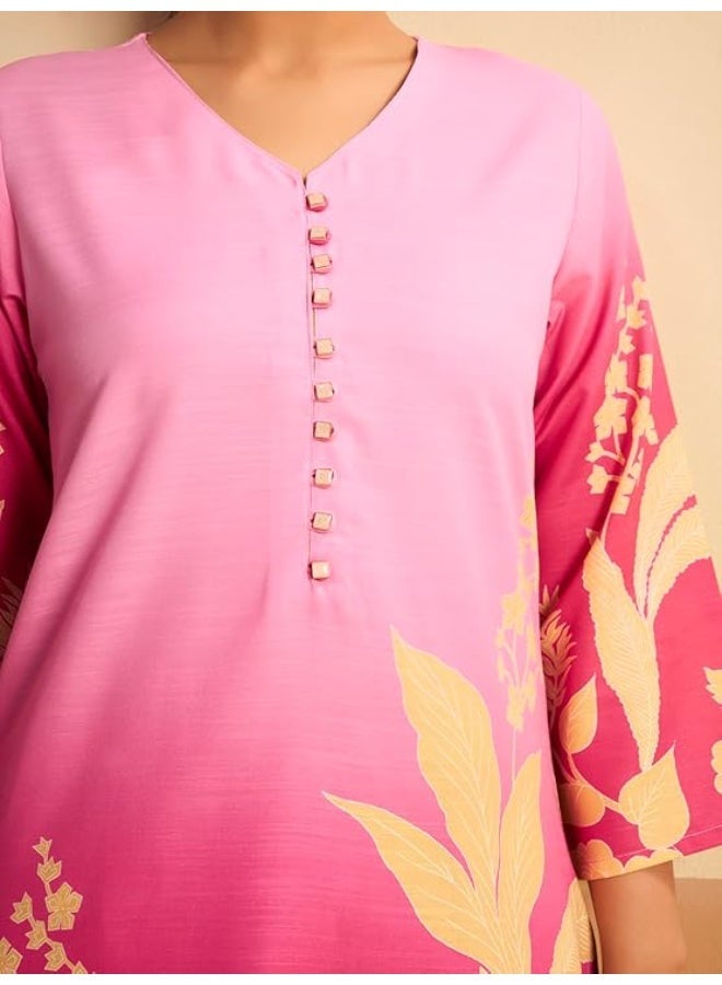 Pinkmint Store طقم كورتا بنطال دوباتا من قطن بليند للنساء من متجر بينكمنت | كورتا بياقة على شكل V مع تصميم أزرار أمامية | بنطال مطبوع | دوباتا بحافة دانتيل | طقم كورتا للملابس التقليدية XL - Image 4