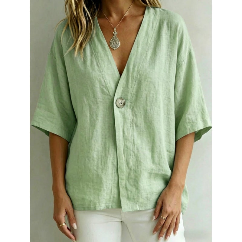 Women's Casual Loose Fit V-Neck T-Shirt Polyester Blend - Image 1