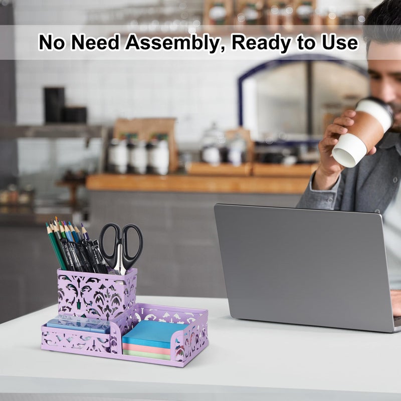 EasyPAG Desk Organizer 3 Compartment Pen Holder for Desk Office Supplies Caddy with Sticky Notes Holder for School Home, Purple - Image 5
