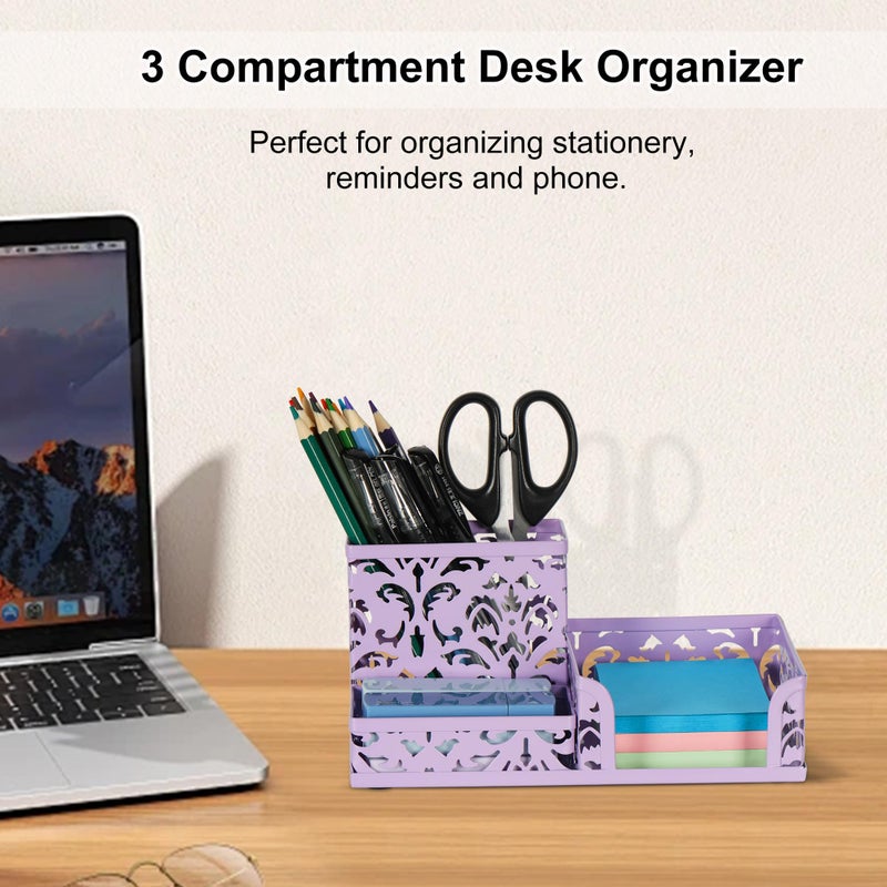 EasyPAG Desk Organizer 3 Compartment Pen Holder for Desk Office Supplies Caddy with Sticky Notes Holder for School Home, Purple - Image 2