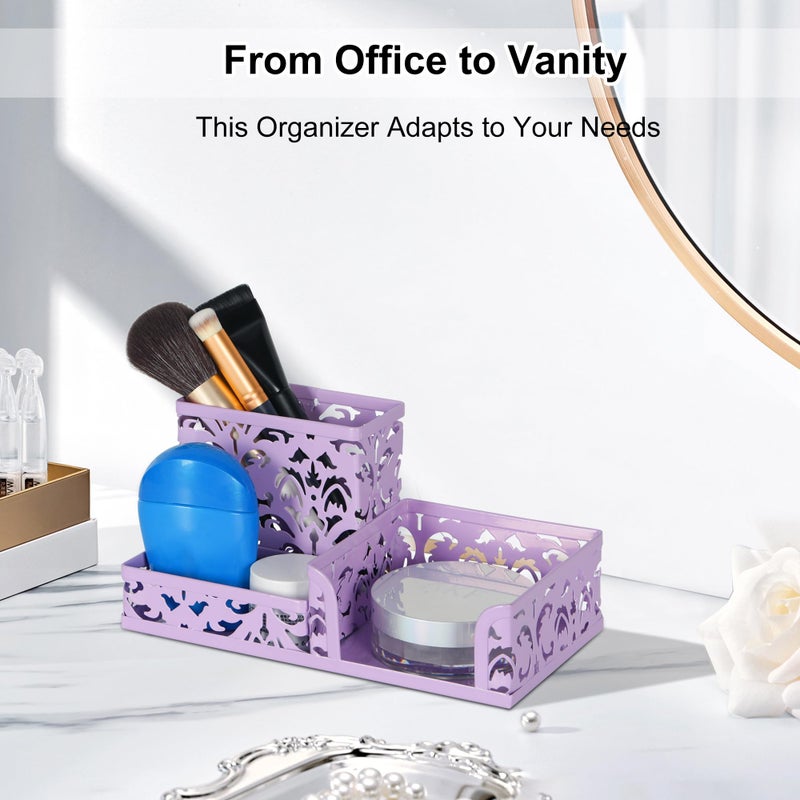 EasyPAG Desk Organizer 3 Compartment Pen Holder for Desk Office Supplies Caddy with Sticky Notes Holder for School Home, Purple - Image 4