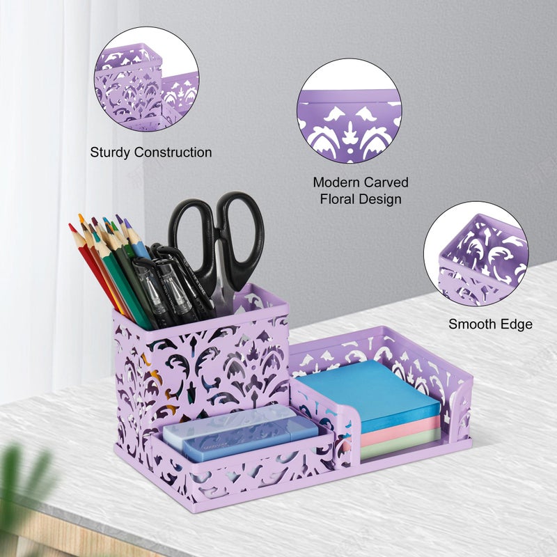 EasyPAG Desk Organizer 3 Compartment Pen Holder for Desk Office Supplies Caddy with Sticky Notes Holder for School Home, Purple - Image 3