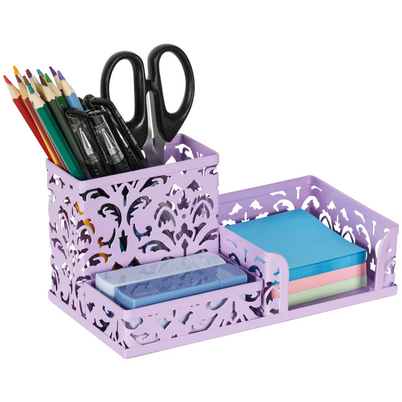 EasyPAG Desk Organizer 3 Compartment Pen Holder for Desk Office Supplies Caddy with Sticky Notes Holder for School Home, Purple - Image 1