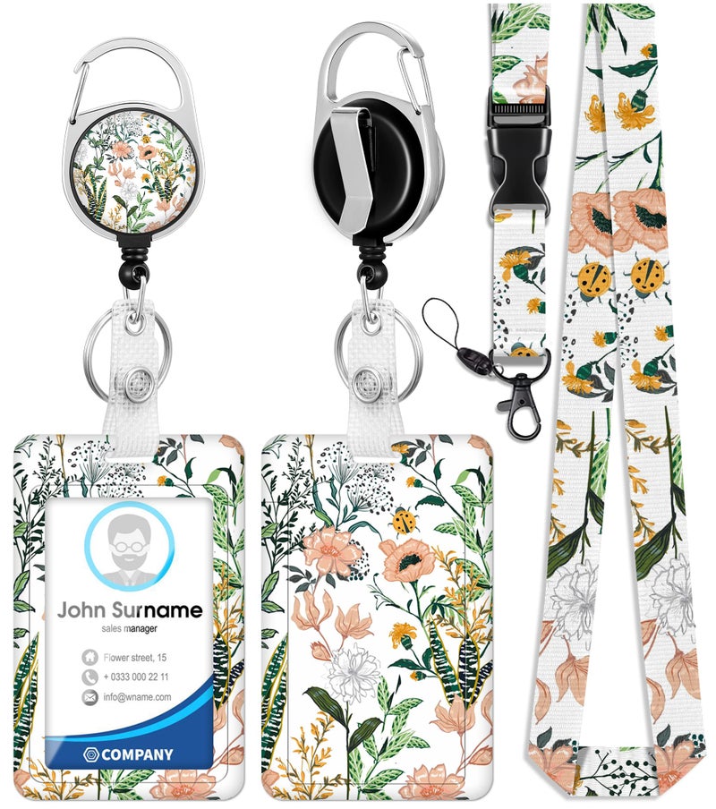 Toykee ID Badge Holder with Lanyard and Retractable Badge Reel Clip, Aesthetic Blooming Flower Card Name Tag Lanyard Vertical ID Protector Bage Clips for Nurse Nursing Doctor Teacher Student - Image 1