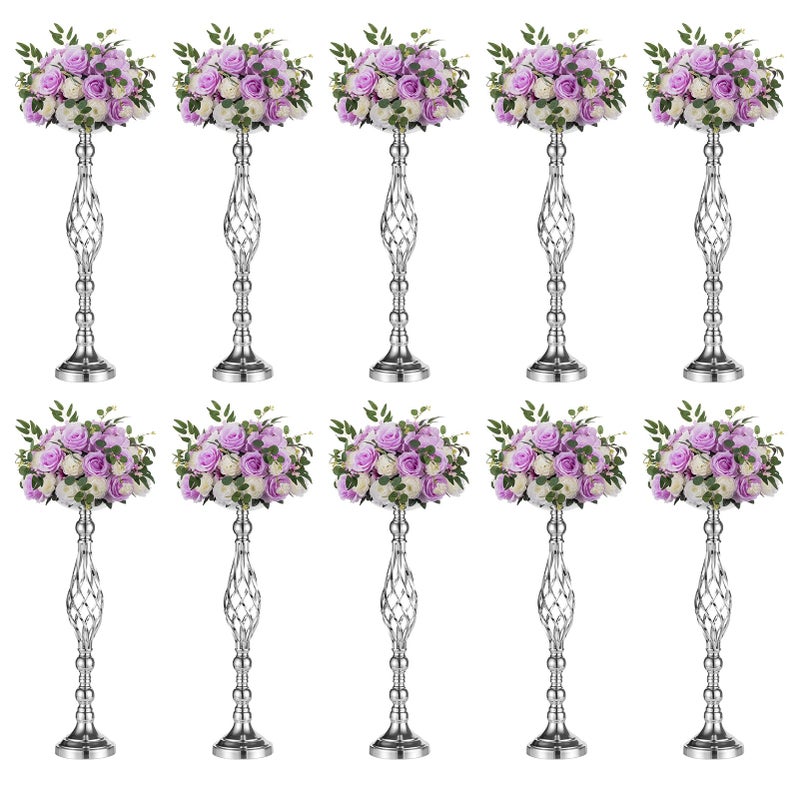 NUPTIO Set of 10 Versatile Silver Flower Arrangement Stand, Pillar Candle Holder Set for Wedding Party Dinner Centerpiece Event Restaurant Hotel Decoration (Silver, 10 x L) - Image 1