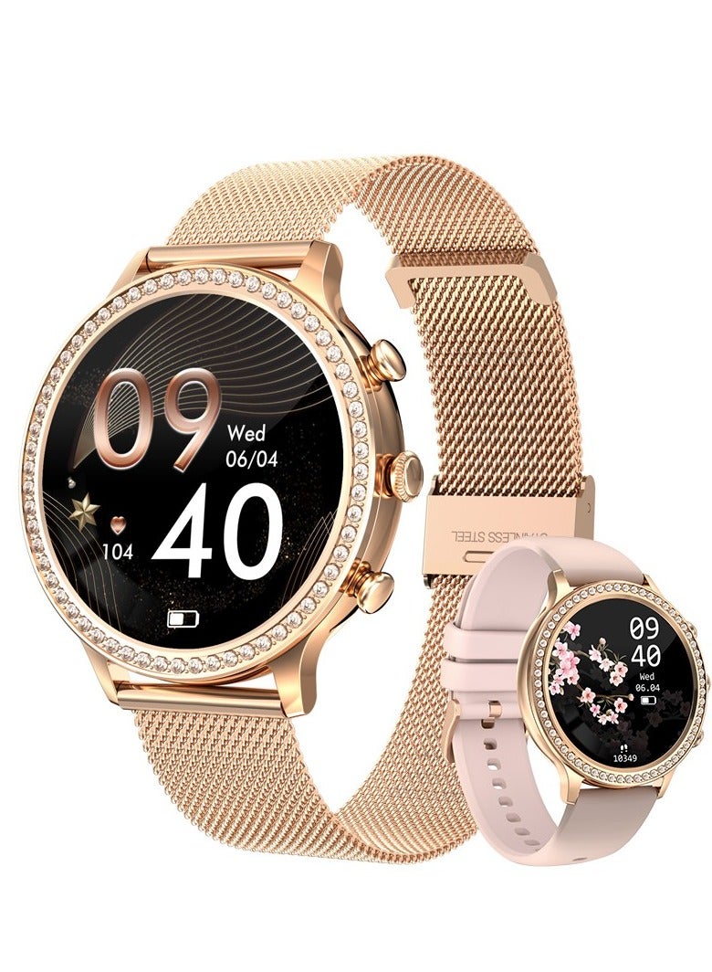 لييج ساعة ذكية جديدة للنساء بشاشة AMOLED مقاس 1.28 بوصة رياضية مزودة بخاصية الاتصال عبر البلوتوث IP67 مقاومة للماء وحزام شبكي أسود وحزام سيليكون مجاني - Image 1