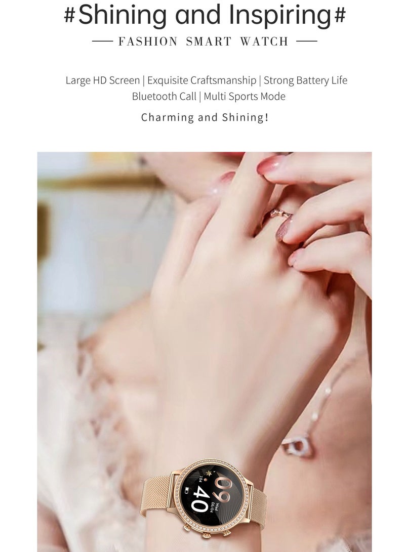 لييج ساعة ذكية جديدة للنساء بشاشة AMOLED مقاس 1.28 بوصة رياضية مزودة بخاصية الاتصال عبر البلوتوث IP67 مقاومة للماء وحزام شبكي أسود وحزام سيليكون مجاني - Image 2