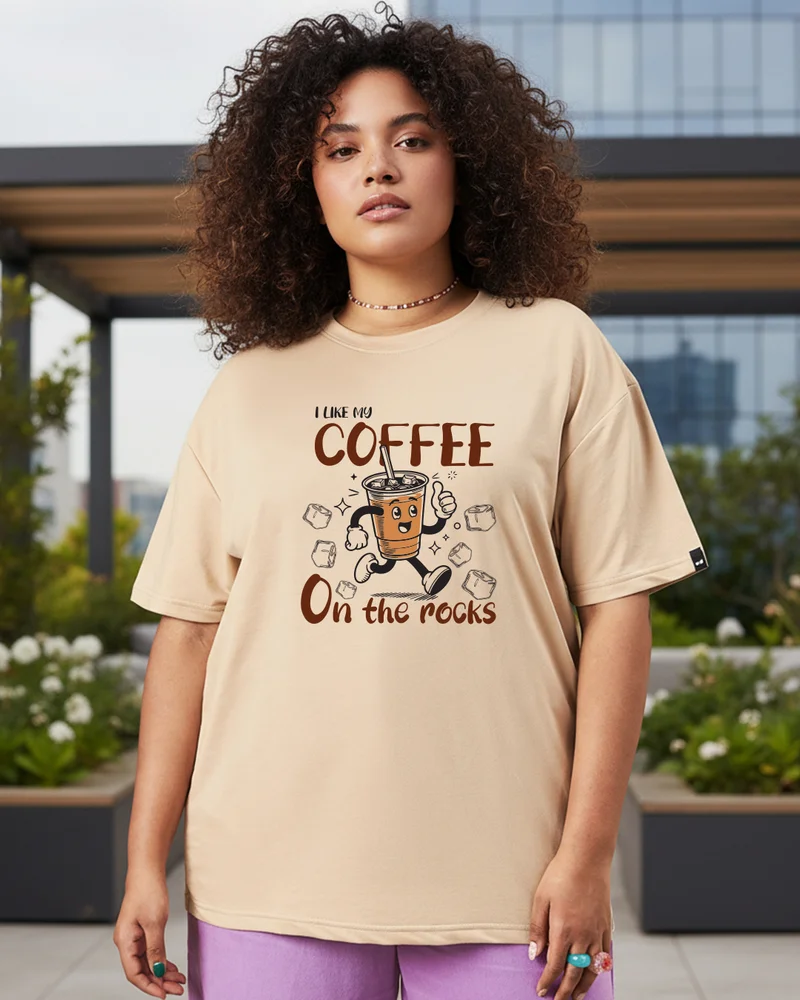 بيواكوف Women's Ginger Root Brown Coffee On The Rocks Graphic Printed Oversized Plus Size T-shirt