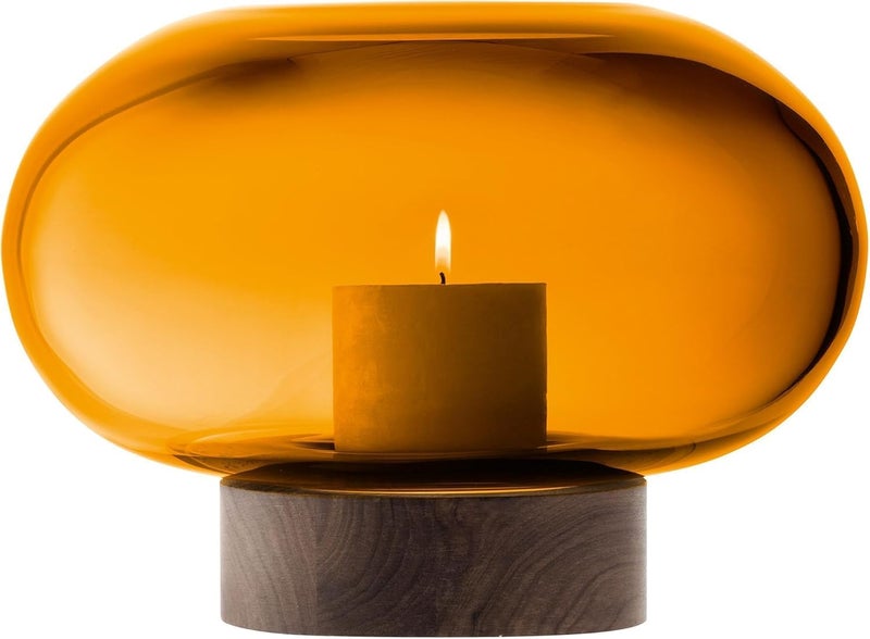 LSA Oblate Amber Glass Vase with Walnut Wood Base – Modern Wide Decorative Flower Vase (H19.5cm x W28cm) - Image 3