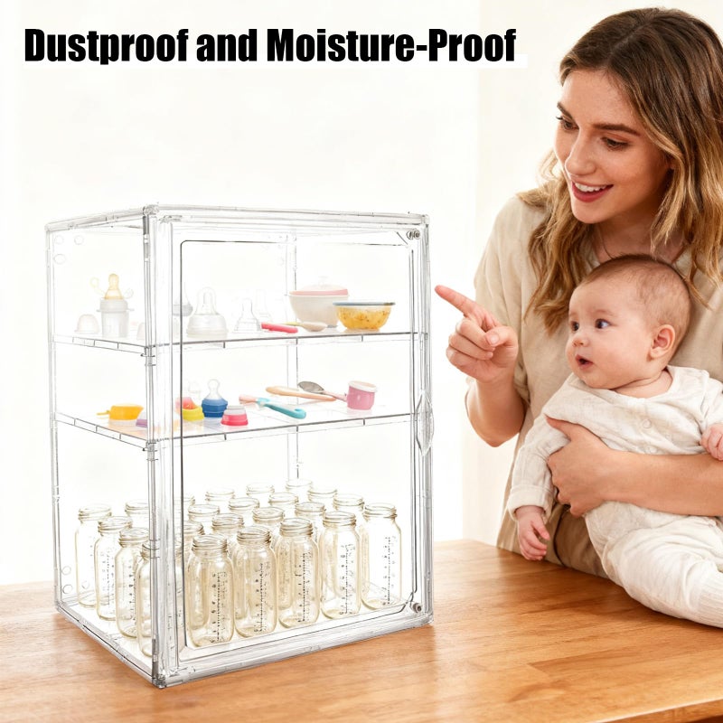 Kyntria Baby Bottle Organizer, 3 Tiers Adjustable Clear Acrylic Storage Station Case Box Container for Bottles, Pacifiers, Pump Parts, Bottle Organizer Baby for Countertop and Cabinet (M) - Image 2