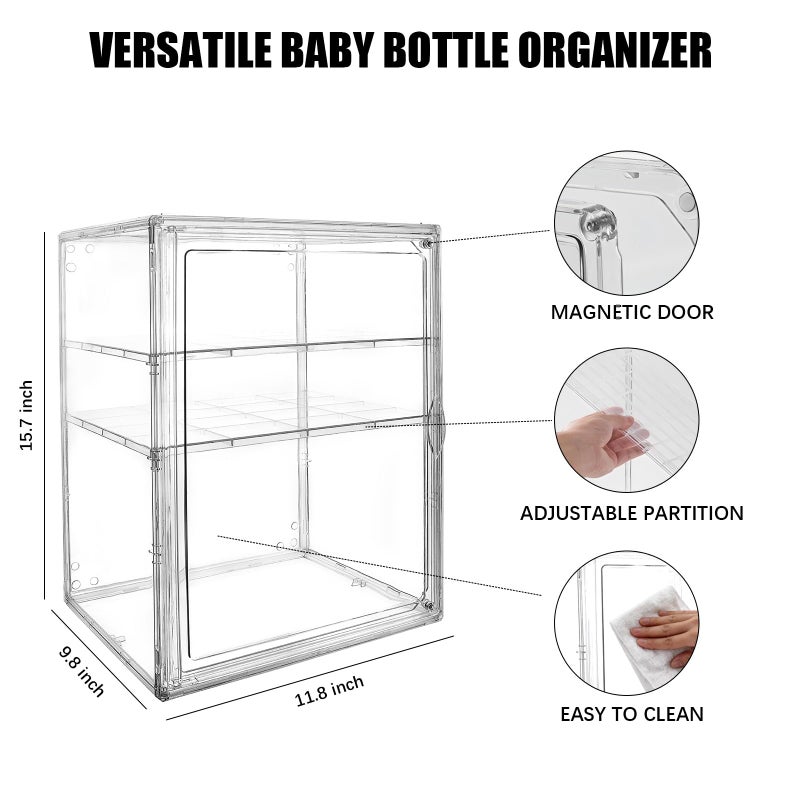 Kyntria Baby Bottle Organizer, 3 Tiers Adjustable Clear Acrylic Storage Station Case Box Container for Bottles, Pacifiers, Pump Parts, Bottle Organizer Baby for Countertop and Cabinet (M) - Image 3