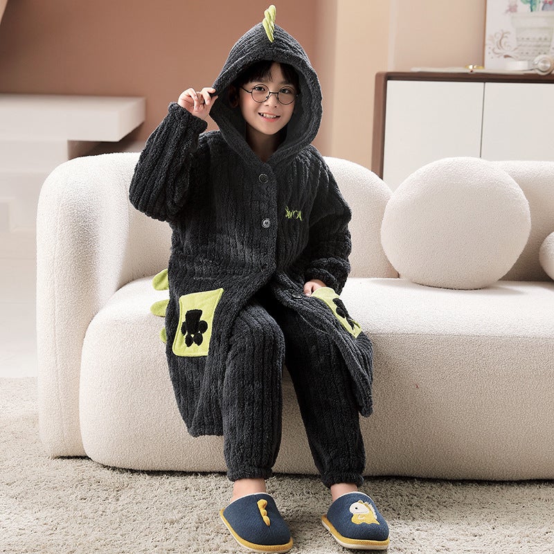 Bathrobe Coral Fleece Boys' Thickened Long Nightgown Girls' Cute Flannel Warm Homewear - Image 2