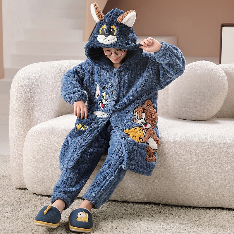 Bathrobe Coral Fleece Boys' Thickened Long Nightgown Girls' Cute Flannel Warm Homewear - Image 4