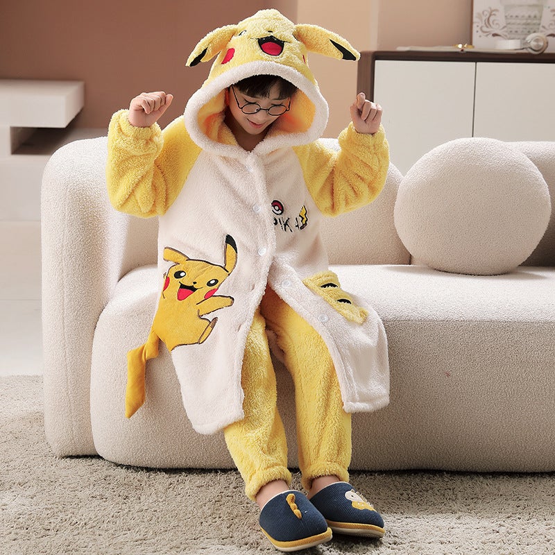 Bathrobe Coral Fleece Boys' Thickened Long Nightgown Girls' Cute Flannel Warm Homewear - Image 3