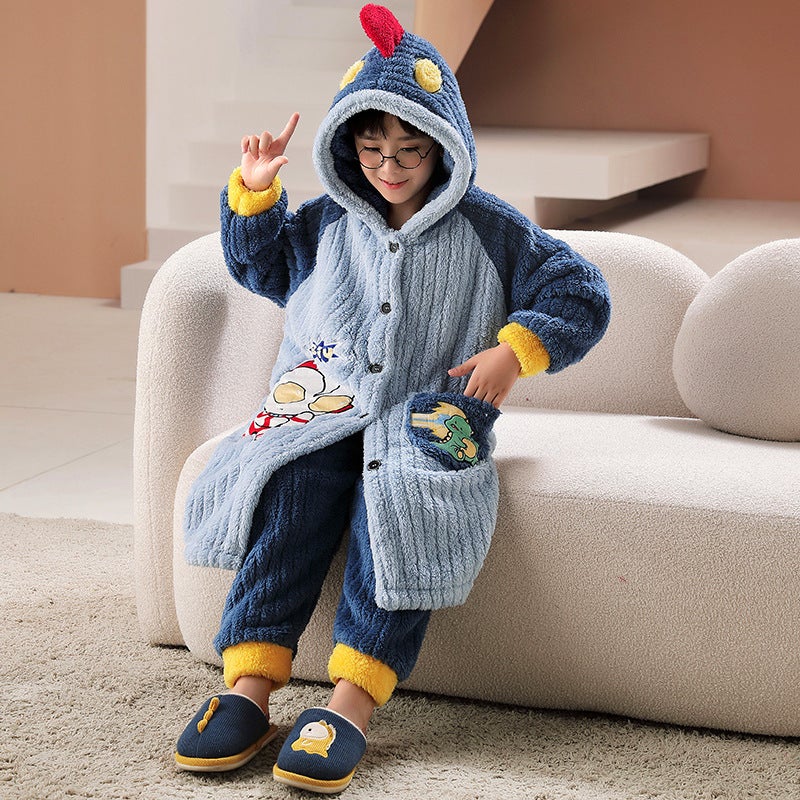 Bathrobe Coral Fleece Boys' Thickened Long Nightgown Girls' Cute Flannel Warm Homewear - Image 5