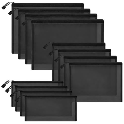 Sinzip 12 Pieces Zipper Nylon Mesh Pouch, Mesh Cosmetic Bags Makeup Bags Pencil Case, Multipurpose Travel Bags for Cosmetic School Office Supplies and Travel Accessories (Black, Assorted Sizes) - Image 1