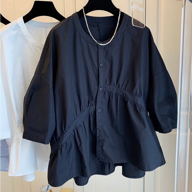 Design Sense Niche Korean Loose Asymmetric Pleated Stitching Cotton Doll Shirt Shirt 2024 Autumn New - Image 4