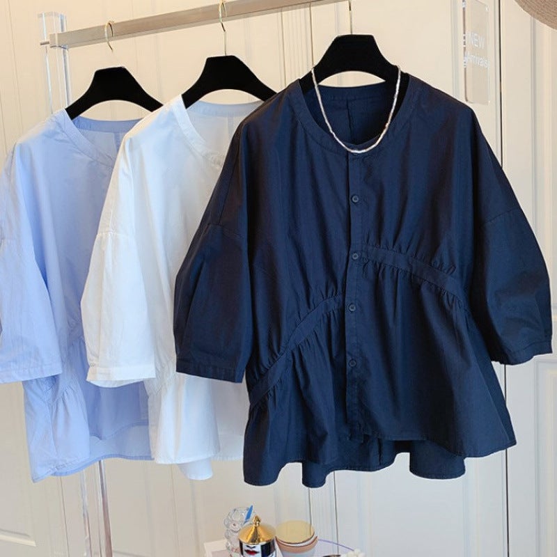 Design Sense Niche Korean Loose Asymmetric Pleated Stitching Cotton Doll Shirt Shirt 2024 Autumn New - Image 5