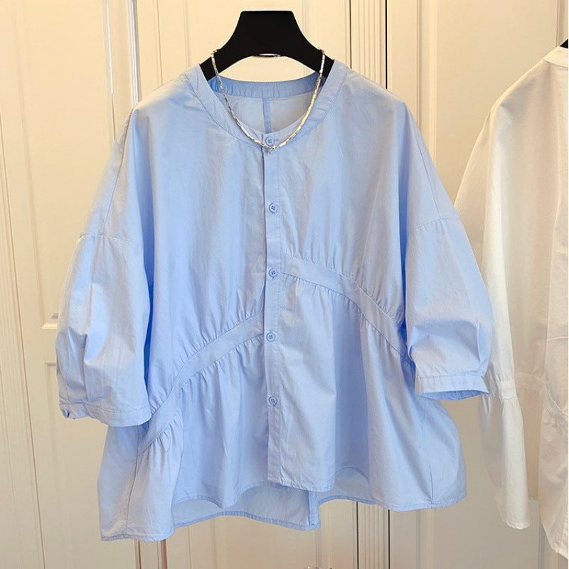 Design Sense Niche Korean Loose Asymmetric Pleated Stitching Cotton Doll Shirt Shirt 2024 Autumn New - Image 1