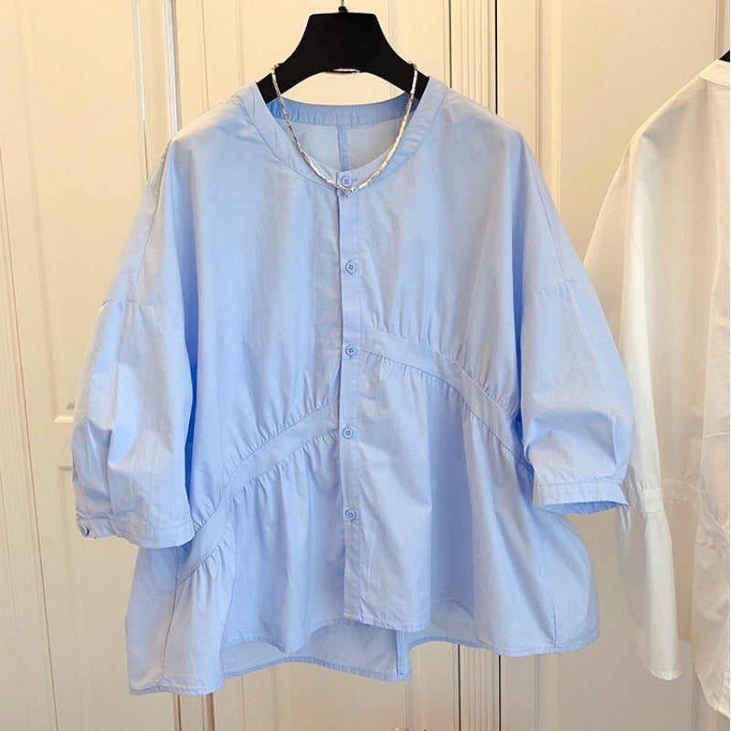 Design Sense Niche Korean Loose Asymmetric Pleated Stitching Cotton Doll Shirt Shirt 2024 Autumn New - Image 2