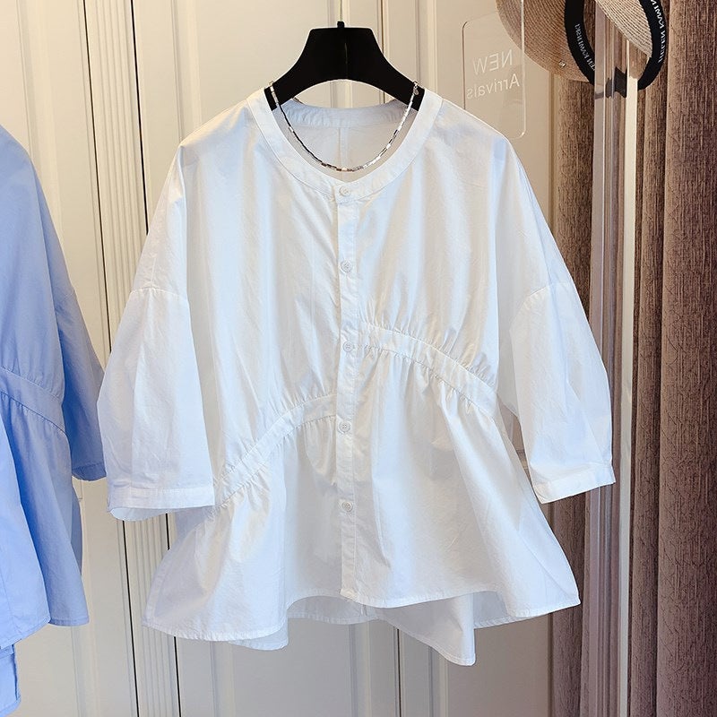 Design Sense Niche Korean Loose Asymmetric Pleated Stitching Cotton Doll Shirt Shirt 2024 Autumn New - Image 3