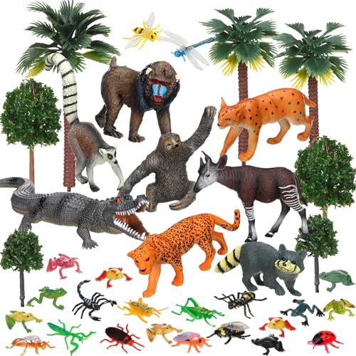 MiniInflat 39 Pcs Rainforest Animals Figures Toys Set Rainforest Diorama Supplies for Kids Jungle Animal Figurines Miniature Model Trees for Historical Education School Project Birthday Party Decor - Image 1