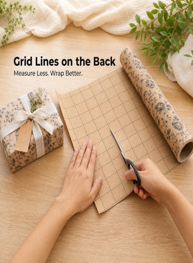 Ulmasinn Vintage Floral Kraft Wrapping Paper Roll, 17 In x 33 Ft Reversible Gift Wrap with Grid Cutting Lines, Elegant Brown Kraft Paper for Birthday, Wedding, Bridal Shower, Baby Shower, Mother’s Day Gifts - Image 3