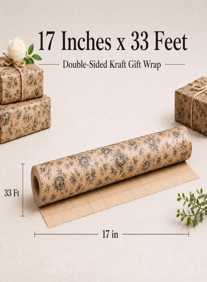 Ulmasinn Vintage Floral Kraft Wrapping Paper Roll, 17 In x 33 Ft Reversible Gift Wrap with Grid Cutting Lines, Elegant Brown Kraft Paper for Birthday, Wedding, Bridal Shower, Baby Shower, Mother’s Day Gifts - Image 5