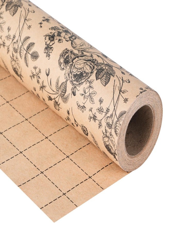 Ulmasinn Vintage Floral Kraft Wrapping Paper Roll, 17 In x 33 Ft Reversible Gift Wrap with Grid Cutting Lines, Elegant Brown Kraft Paper for Birthday, Wedding, Bridal Shower, Baby Shower, Mother’s Day Gifts - Image 1