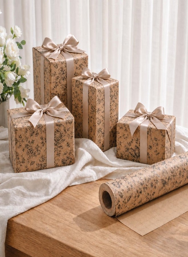 Ulmasinn Vintage Floral Kraft Wrapping Paper Roll, 17 In x 33 Ft Reversible Gift Wrap with Grid Cutting Lines, Elegant Brown Kraft Paper for Birthday, Wedding, Bridal Shower, Baby Shower, Mother’s Day Gifts - Image 4