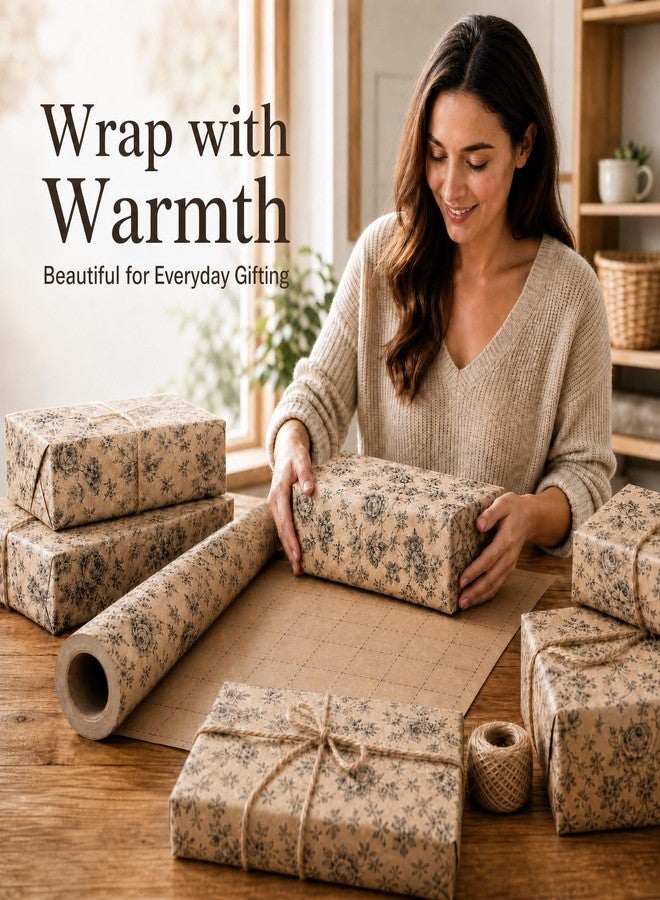 Ulmasinn Vintage Floral Kraft Wrapping Paper Roll, 17 In x 33 Ft Reversible Gift Wrap with Grid Cutting Lines, Elegant Brown Kraft Paper for Birthday, Wedding, Bridal Shower, Baby Shower, Mother’s Day Gifts - Image 2
