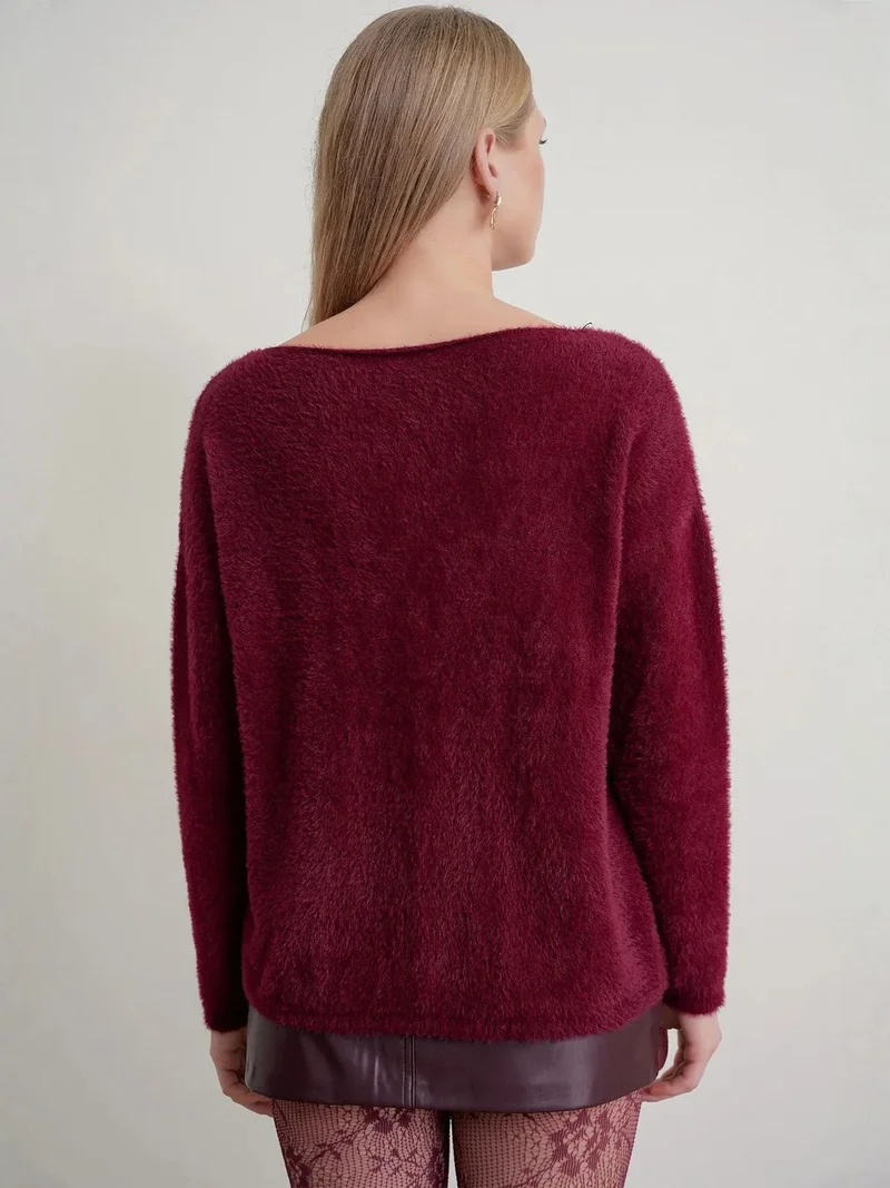 MixRay Burgundy Red MIXRAY Asymmetrical Collar Knit Sweater for Women | Best Price UAE