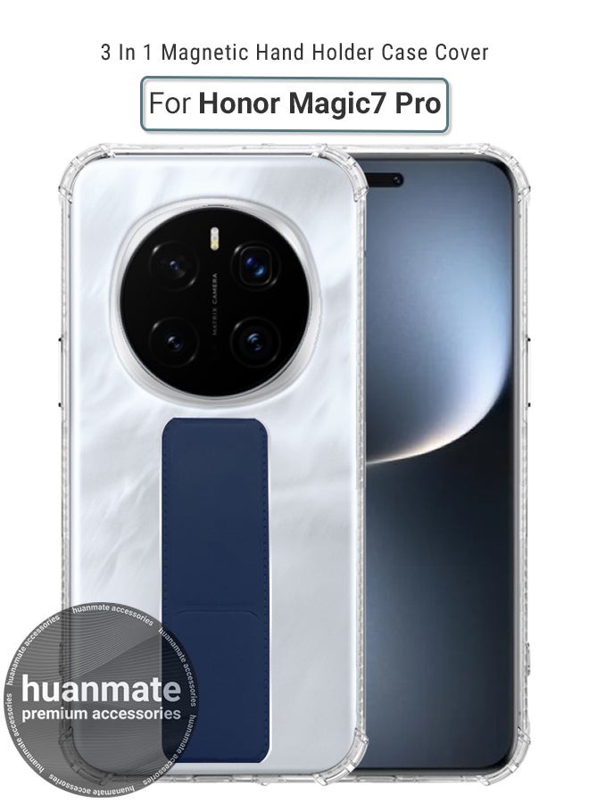 huanmate Honor Magic7 Pro Magnetic Case With Hand Grip Holder & Kickstand - Strong Grip for Magnetic Car Holder, Stylish & Functional, Ultimate Convenience & Hands-Free Viewing - Clear/Navy Blue - Image 1