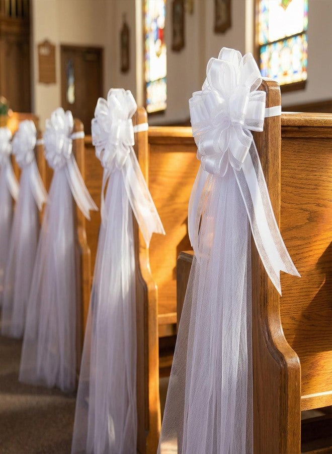 Oqqlin 12 Set Large Wedding Pew Bows, White Wedding Aisle Decorations with Long Tulle Tail Church Chair Aisle Decoration for Party, Bridal Shower, Reception, Anniversary - Image 1