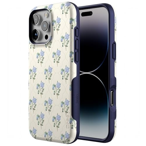 Casely iPhone 16 Pro Case Vintage Garden Blue Hydrangea Bold Protective Design Compatible with MagSafe - Image 3