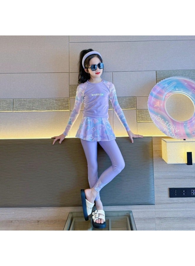 Generic Children's Swimwear Girls' Split Long Sleeve Sunscreen Swimwear Junior High School Sweet Girl Swimwear Suit-Color:Child 7394 Purple-Size:4xl Code ( 40-45kg )  - Image 4