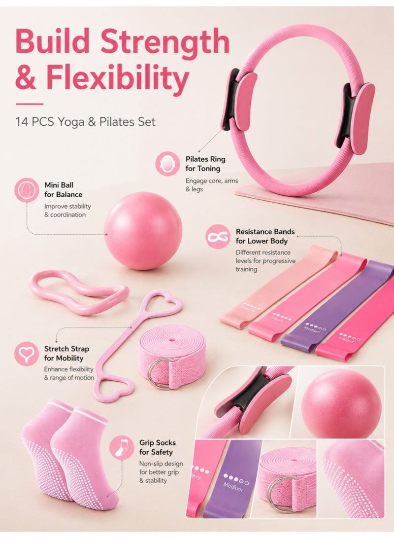 14-Piece Pilates Equipment Set for Women – Foam Roller, Ball, Magic Circle and Straps, Essential for Home Fitness, Pink - Image 5