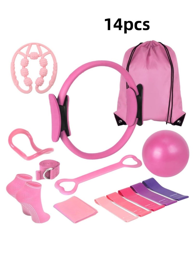 14-Piece Pilates Equipment Set for Women – Foam Roller, Ball, Magic Circle and Straps, Essential for Home Fitness, Pink - Image 1