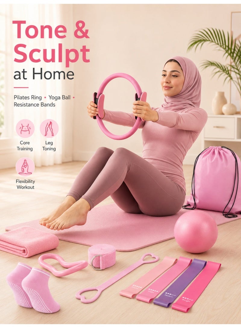 14-Piece Pilates Equipment Set for Women – Foam Roller, Ball, Magic Circle and Straps, Essential for Home Fitness, Pink - Image 3