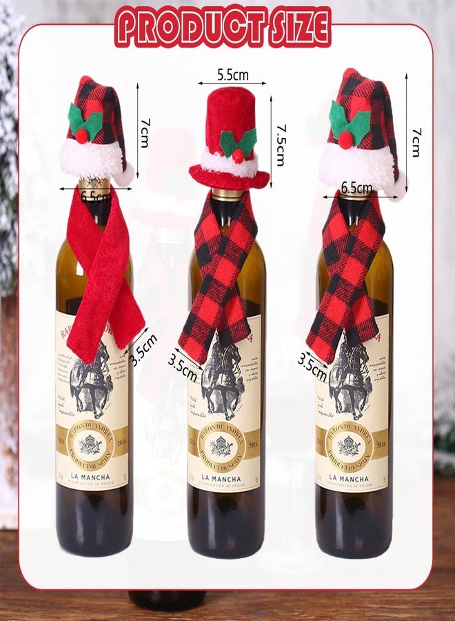 BASEMMAHER 6 Pieces Christmas Wine Bottle Cover Set Xmas Buffalo Plaid Mini Santa Hat Scarf Wine Bottle Decoration for Christmas Party Silverware Holders Candy Covers Table Ornaments - Image 2