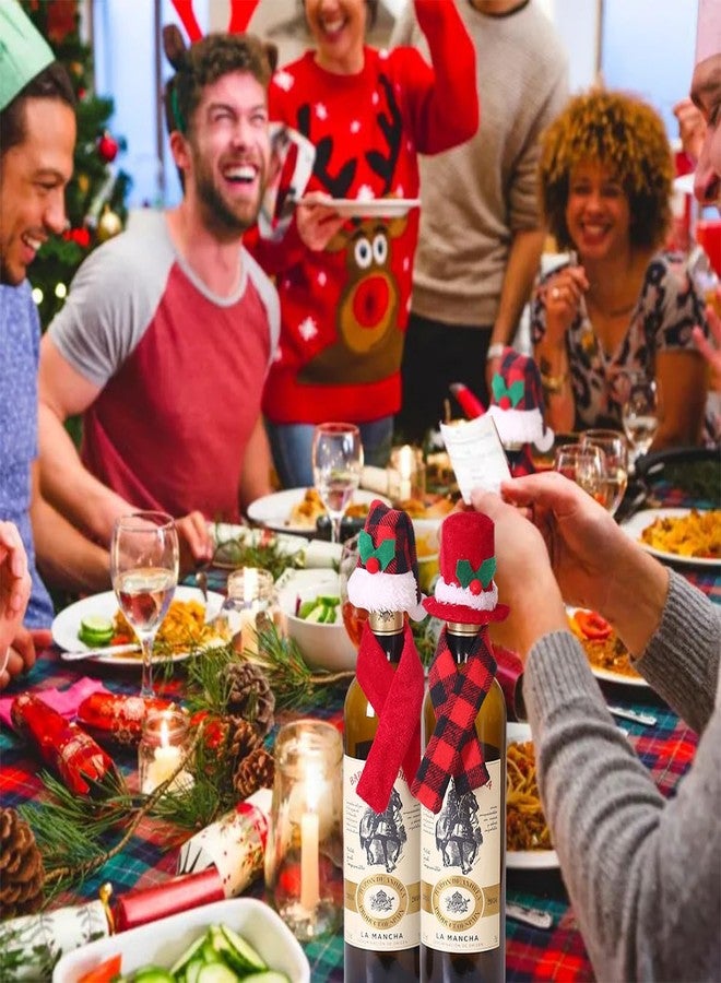 BASEMMAHER 6 Pieces Christmas Wine Bottle Cover Set Xmas Buffalo Plaid Mini Santa Hat Scarf Wine Bottle Decoration for Christmas Party Silverware Holders Candy Covers Table Ornaments - Image 4