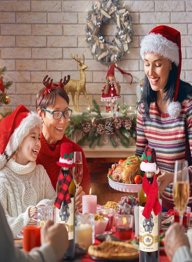 BASEMMAHER 6 Pieces Christmas Wine Bottle Cover Set Xmas Buffalo Plaid Mini Santa Hat Scarf Wine Bottle Decoration for Christmas Party Silverware Holders Candy Covers Table Ornaments - Image 5