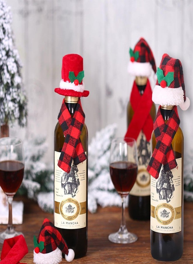 BASEMMAHER 6 Pieces Christmas Wine Bottle Cover Set Xmas Buffalo Plaid Mini Santa Hat Scarf Wine Bottle Decoration for Christmas Party Silverware Holders Candy Covers Table Ornaments - Image 3
