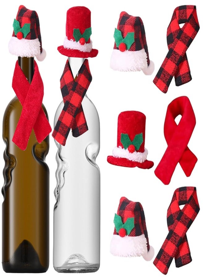 BASEMMAHER 6 Pieces Christmas Wine Bottle Cover Set Xmas Buffalo Plaid Mini Santa Hat Scarf Wine Bottle Decoration for Christmas Party Silverware Holders Candy Covers Table Ornaments - Image 1