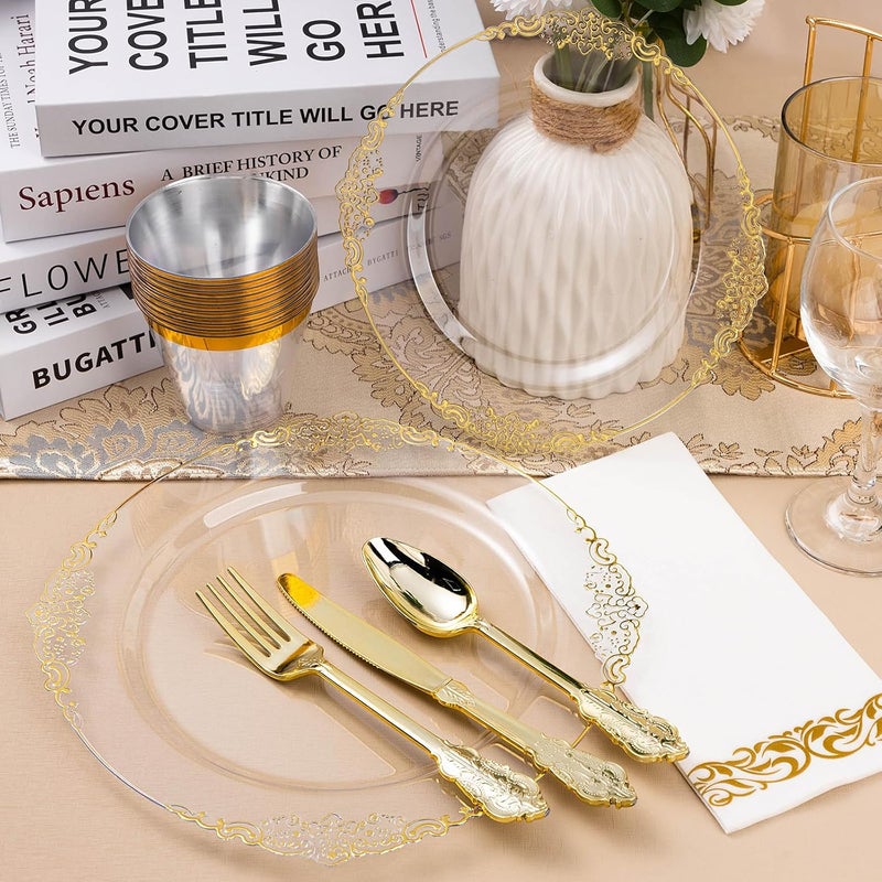 Bestluck 350PCS Clear Gold Plastic Plates for 50 Guests, Disposable Dinnerware Set Includes 100 Clear Disposable Plates, 150 Gold Silverware, 50 Cups, 50 Napkins for Party, Wedding - Image 5