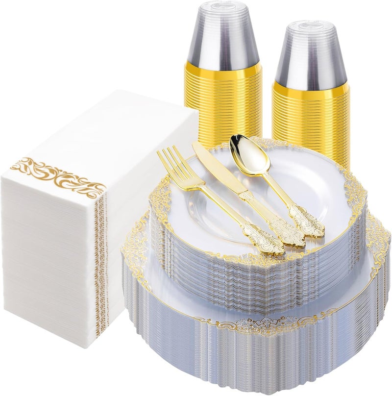 Bestluck 350PCS Clear Gold Plastic Plates for 50 Guests, Disposable Dinnerware Set Includes 100 Clear Disposable Plates, 150 Gold Silverware, 50 Cups, 50 Napkins for Party, Wedding - Image 1