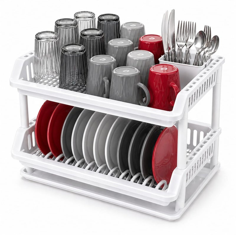 Plasticna 2-Racks Dish Dryer, Made of High-Quality Plastic, Equipped with a Bottom Tray to Collect Excess Water, White - Image 1