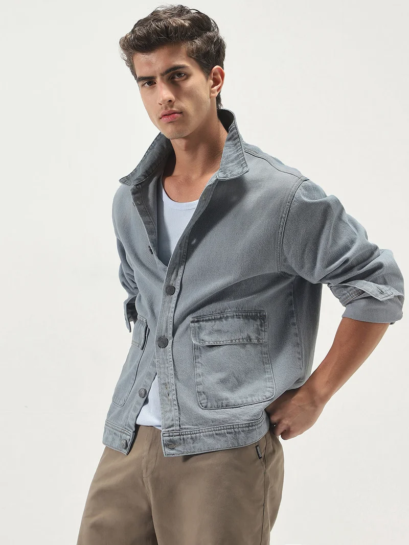 Urbano Fashion  Urbano Fashion Men's Ice Grey Relaxed Fit Full Sleeve Utility Denim Jacket  | Best Price UAE
