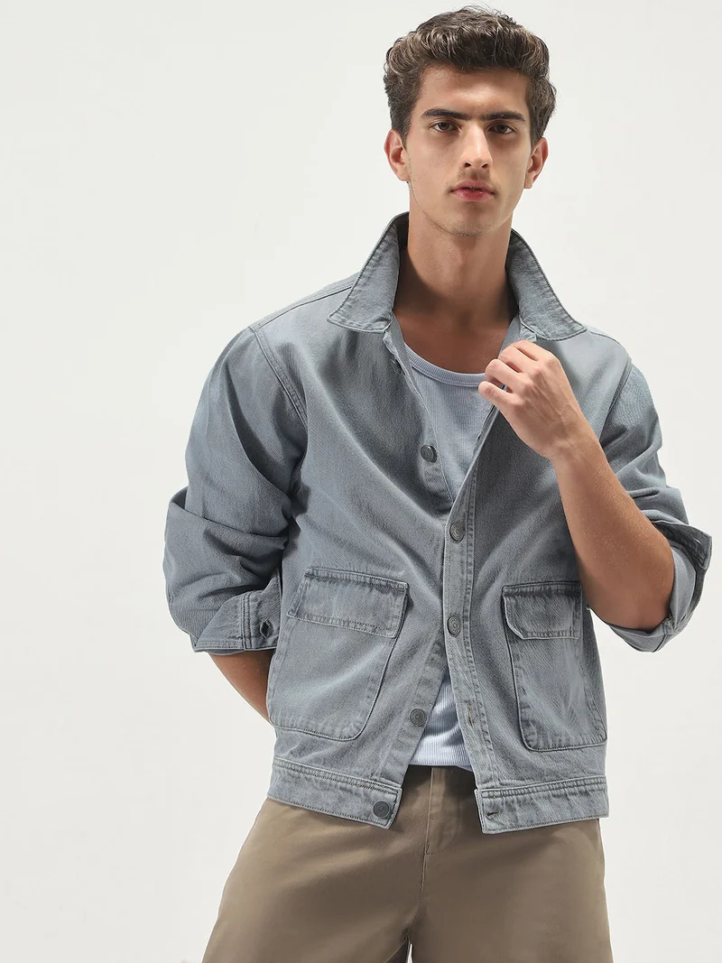 Urbano Fashion Men's Ice Grey Relaxed Fit Full Sleeve Utility Denim Jacket